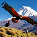 **Majestic Andes Mountains:** A panoramic view of Chimborazo National Park, showcasing the towering, snow-capped peak of Chimborazo under a bright, clear sky. Include colorful Andean condors soaring in the foreground and a small group of llamas grazing on the high-altitude vegetation. The overall feel should be awe-inspiring and grand.