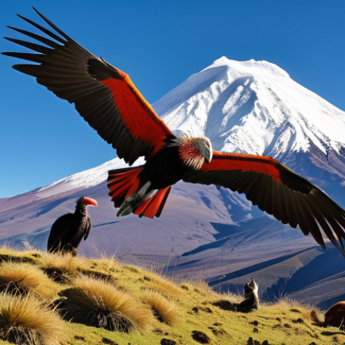 **Majestic Andes Mountains:** A panoramic view of Chimborazo National Park, showcasing the towering, snow-capped peak of Chimborazo under a bright, clear sky. Include colorful Andean condors soaring in the foreground and a small group of llamas grazing on the high-altitude vegetation. The overall feel should be awe-inspiring and grand.