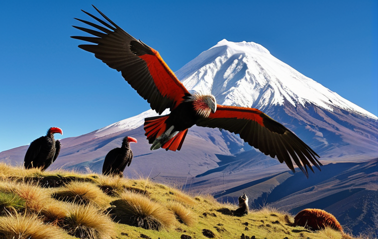 **Majestic Andes Mountains:** A panoramic view of Chimborazo National Park, showcasing the towering, snow-capped peak of Chimborazo under a bright, clear sky. Include colorful Andean condors soaring in the foreground and a small group of llamas grazing on the high-altitude vegetation. The overall feel should be awe-inspiring and grand.